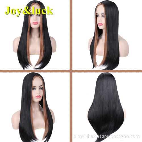 Wholesale Price Wig For Women Daily Life Or Party Middle Part Long Natural Straight Black Highlight Brown Synthetic Hair Wigs